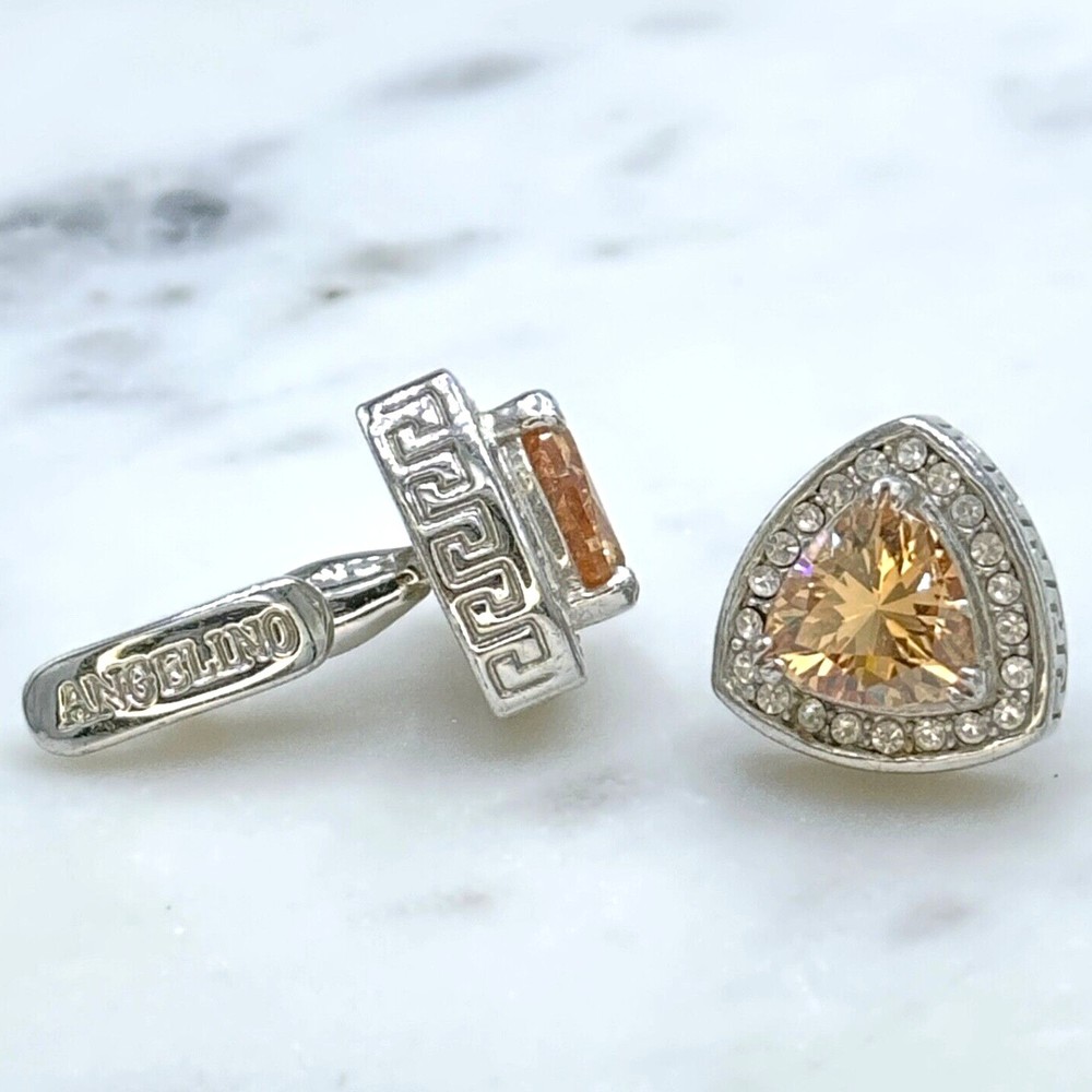Angelino Silver Tone Orange Rhinestone Meander Border Greek Motif Cufflinks
